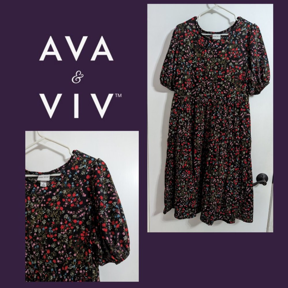 Ava and Viv Plus Size Black Floral A-Line Cap-Sleeve Dress with Pockets Size 0X